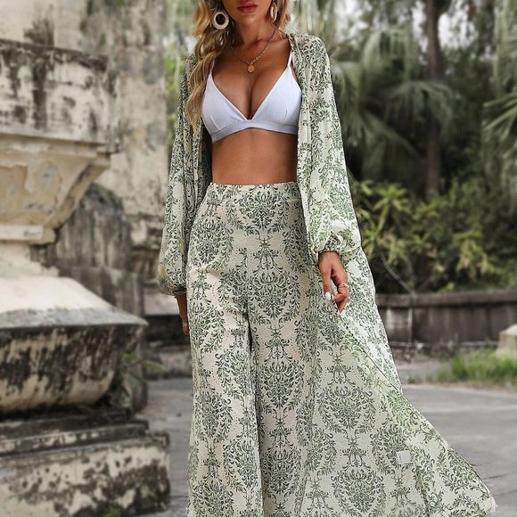 Green Boho Womens Allover Print Lantern Sleeve Shirt & Wide Leg Pants - Picture 4 of 5